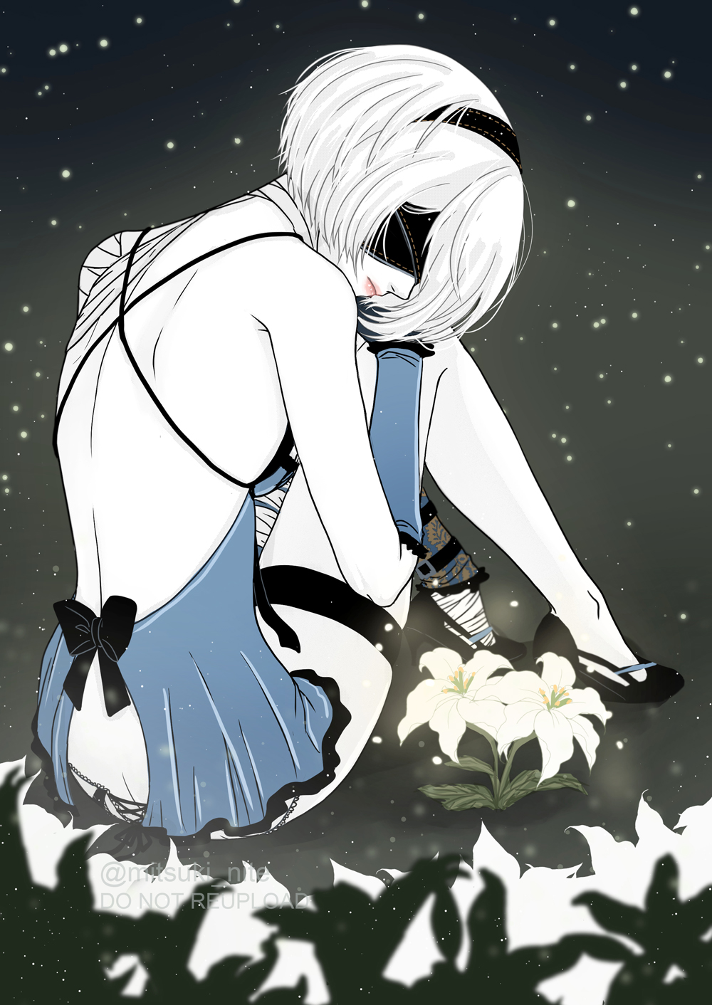 1girl 2b_(nier:automata) artist_name ass bandaged_arm bandaged_neck bandages black_background black_bow black_hairband blindfold bow breasts butt_crack closed_mouth colored_skin cosplay flower hairband highres kaine_(nier) kaine_(nier)_(cosplay) lingerie lunar_tear mitsuki_nite nier nier:automata nier_(series) pink_lips short_hair sitting underwear watermark white_flower white_hair white_skin