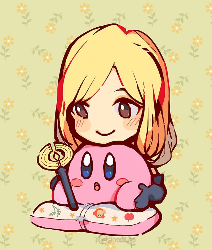 1girl anocurry blonde_hair blush chibi dress gloves jewelry kirby kirby_(series) long_hair necklace nintendo octopath_traveler octopath_traveler_i ophilia_(octopath_traveler) pillow simple_background smile super_smash_bros.