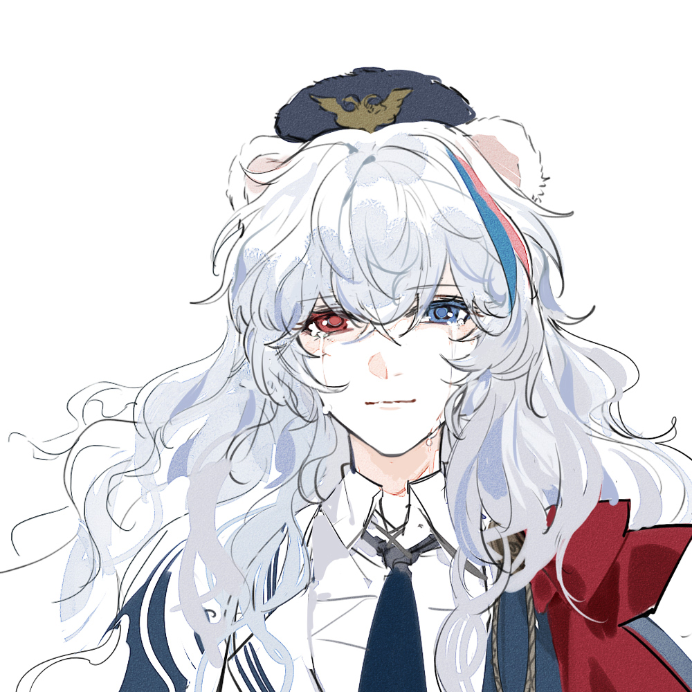 1girl animal_ears arknights bear_ears blue_eyes blue_hat blue_necktie blue_sky chinese_commentary closed_mouth collared_shirt commentary_request crying crying_with_eyes_open hat heterochromia long_hair looking_at_viewer military_hat multicolored_hair necktie pink_hair red_eyes red_ribbon ribbon rosa_(arknights) shirt simple_background sky solo streaked_hair tears upper_body white_background white_hair white_shirt xiandao1213