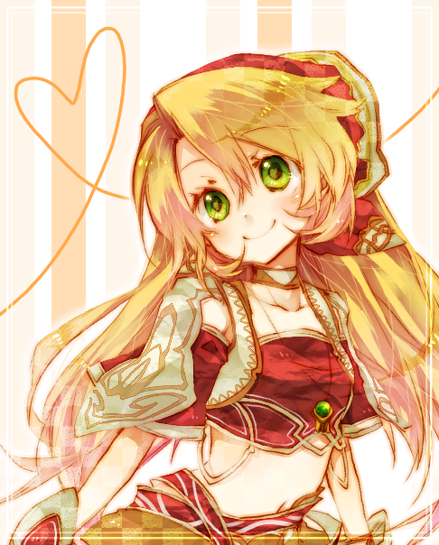 1girl amamiya_kabosu atelier_(series) bad_id bad_pixiv_id blonde_hair blush crop_top detached_sleeves female_focus green_eyes hairband heart heart_of_string long_hair mana_khemia_(series) mana_khemia_2 midriff navel smile solo ulrika_myberg