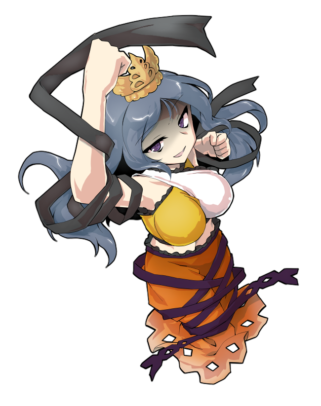 1girl arm_up black_ribbon blue_hair breasts chirizuka_ubame clenched_hand crown dairi double-parted_bangs dress fossilized_wonders frilled_skirt frills from_above full_body grin headpiece long_hair midriff_peek multicolored_dress nipples open_mouth orange_skirt outstretched_arm partially_shaded_face purple_eyes purple_ribbon ribbon skirt smile smirk solo sparkling_eyes surprised tachi-e touhou