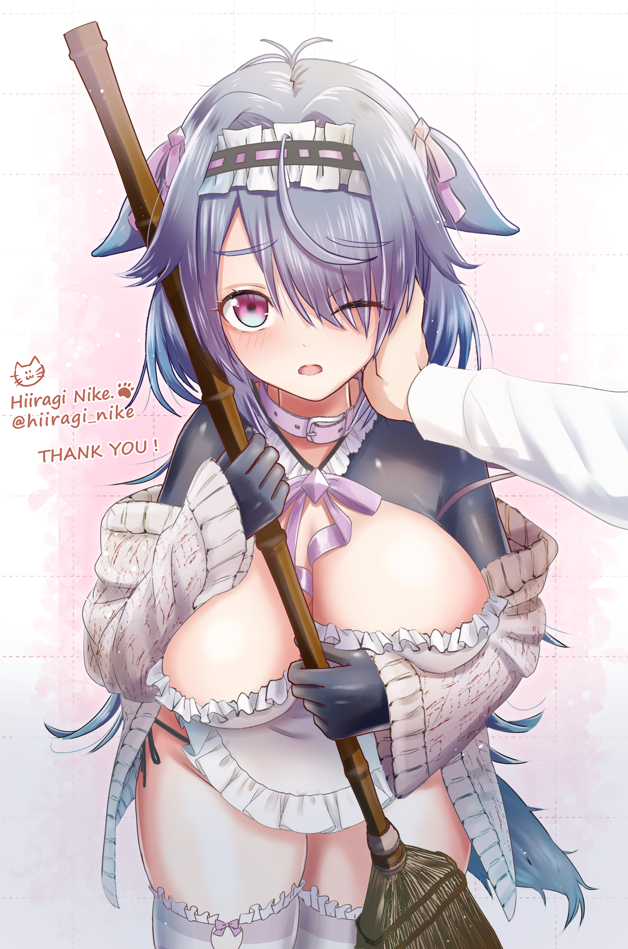 1girl absurdres animal_collar apron artist_name black_hairband bow breasts broom cardigan collar frilled_hairband frilled_thighhighs frills grey_cardigan grey_hair grey_shrug hairband hand_on_another's_cheek hand_on_another's_face highres hiiragi_nike holding holding_broom indie_virtual_youtuber large_breasts long_hair long_sleeves menace_mamaki one_eye_closed open_cardigan open_clothes pink_bow pink_collar purple_eyes purple_ribbon ribbon shrug_(clothing) striped_clothes striped_thighhighs thank_you thighhighs twitter_username virtual_youtuber white_apron