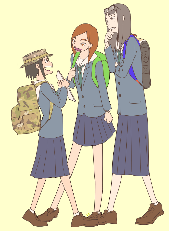3girls asakusa_midori blue_skirt brown_footwear brown_hair camouflage camouflage_headwear eizouken_ni_wa_te_wo_dasu_na! eyewear_on_head hat kanamori_sayaka long_hair m0s0z mizusaki_tsubame multiple_girls open_mouth school_uniform skirt teeth thinking upper_teeth_only walking_backwards