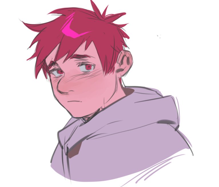 1boy closed_mouth colored_skin commentary embarrassment_(inside_out) english_commentary hood hoodie inside_out inside_out_2 kugai697139 looking_at_viewer male_focus pink_eyes pink_hair pink_skin purple_hoodie short_hair simple_background solo upper_body white_background