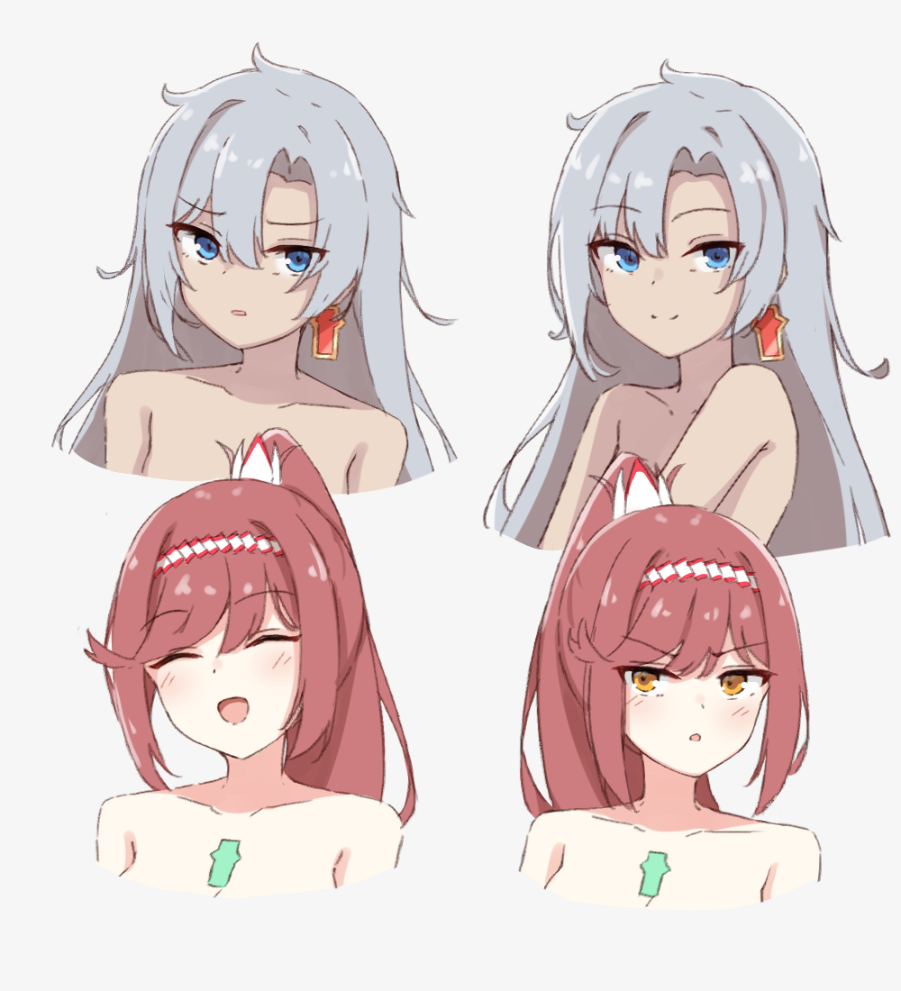 2girls :d ^_^ a_(xenoblade) blue_eyes blush chirun0 closed_eyes closed_mouth collarbone commentary core_crystal_(xenoblade) earrings english_commentary glimmer_(xenoblade) grey_hair high_ponytail jewelry long_hair multiple_expressions multiple_girls multiple_views nude open_mouth ponytail red_hair simple_background smile swept_bangs v-shaped_eyebrows white_background xenoblade_chronicles_(series) xenoblade_chronicles_3 xenoblade_chronicles_3:_future_redeemed