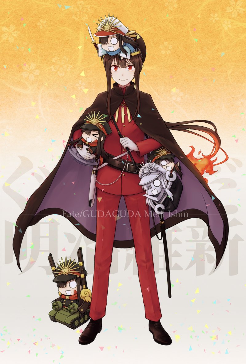 &gt;_&lt; 1boy :d bag belt black_bag black_cape black_hat black_jacket blank_eyes blue_haori blue_scarf boots brown_belt brown_footwear brown_hair buttons cape center-flap_bangs chain chest_strap collared_cape confetti copyright_name crest double-breasted family_crest fate/grand_order fate_(series) fiery_hair floating_cape floating_hair floral_background full_body gloves gold_chain gradient_background grey_background grey_gloves gun hair_between_eyes haori hat high_collar holding holding_strap holding_sword holding_weapon holster in_bag in_container jacket japanese_clothes katana keikenchi_(style) kepi long_hair looking_at_viewer male_focus military_hat military_jacket military_uniform military_vehicle mini_nobu_(fate) motor_vehicle oda_nobukatsu_(fate) oda_nobunaga_(fate) oda_uri on_head one_eye_covered open_mouth orange_background pants peaked_cap ponytail popped_collar purple_cape raised_eyebrows red_cape red_eyes red_jacket red_pants robot scabbard scarf shaded_face sheath shinsengumi sidelocks smile standing straight-on sword tank teramoto_kei two-sided_cape two-sided_fabric ufo v-shaped_eyebrows very_long_hair weapon white_hat