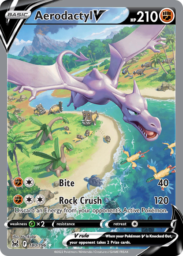 aerodactyl animal_focus archeops artist_name bastiodon blue_sky card_(medium) character_name cloud company_name copyright_name copyright_notice cranidos day english_text flying footprints gen_1_pokemon gen_3_pokemon gen_4_pokemon gen_5_pokemon green_eyes nintendo no_humans nurikabe_(mictlan-tecuhtli) official_art open_mouth outdoors palm_tree pokemon pokemon_(creature) pokemon_card pokemon_tcg pterosaur rampardos rock sharp_teeth shieldon shore sky smoke solo_focus swimming teeth third-party_source tirtouga trading_card tree tropius v-shaped_eyes volcano water