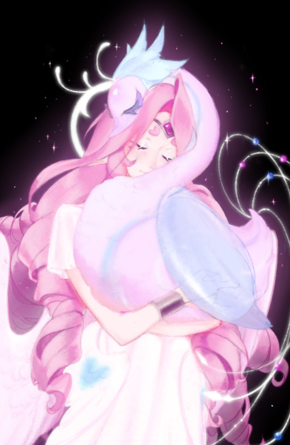 1girl angel angel_wings animalization bird colored_skin commentary cookie_run cookie_run:_kingdom dress eternal_sugar_cookie highres long_hair midlle4 person_and_animalization pink_hair pink_skin sugar_swan_cookie swan wings