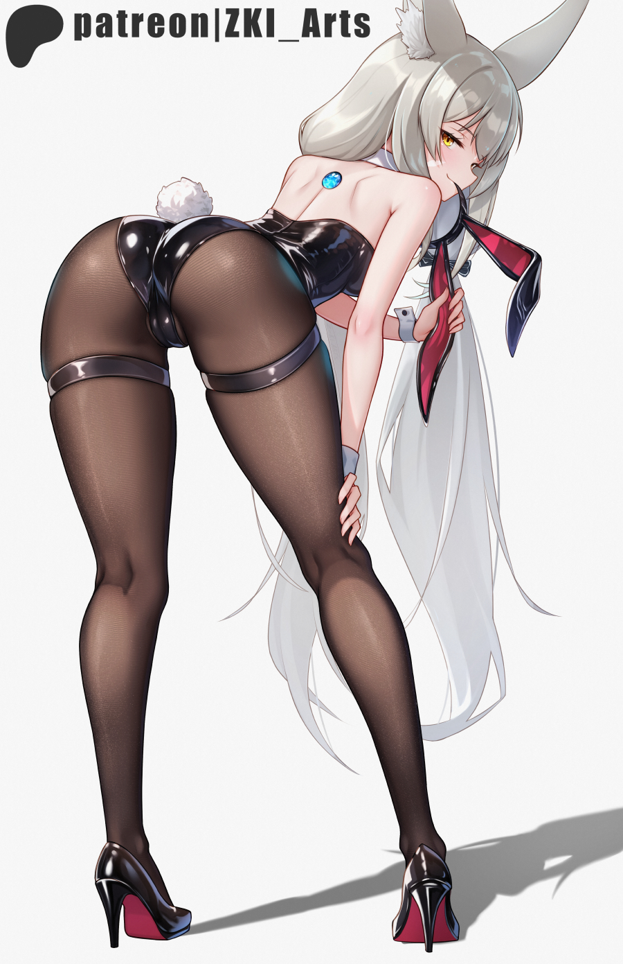 1girl animal_ear_fluff animal_ears artist_name ass bare_shoulders bent_over black_leotard black_shoes blush brown_pantyhose cat_ears closed_mouth core_crystal_(xenoblade) facial_mark fake_tail from_behind full_body grey_hair hairband hand_on_own_knee high_heels highres holding latex latex_leotard leotard long_hair looking_at_viewer looking_back low_twintails nia_(blade)_(xenoblade) nia_(xenoblade) pantyhose playboy_bunny rabbit_tail shoes simple_background smile solo standing tail thigh_strap twintails unworn_hairband very_long_hair whisker_markings white_background wrist_cuffs xenoblade_chronicles_(series) xenoblade_chronicles_2 yellow_eyes z-ki