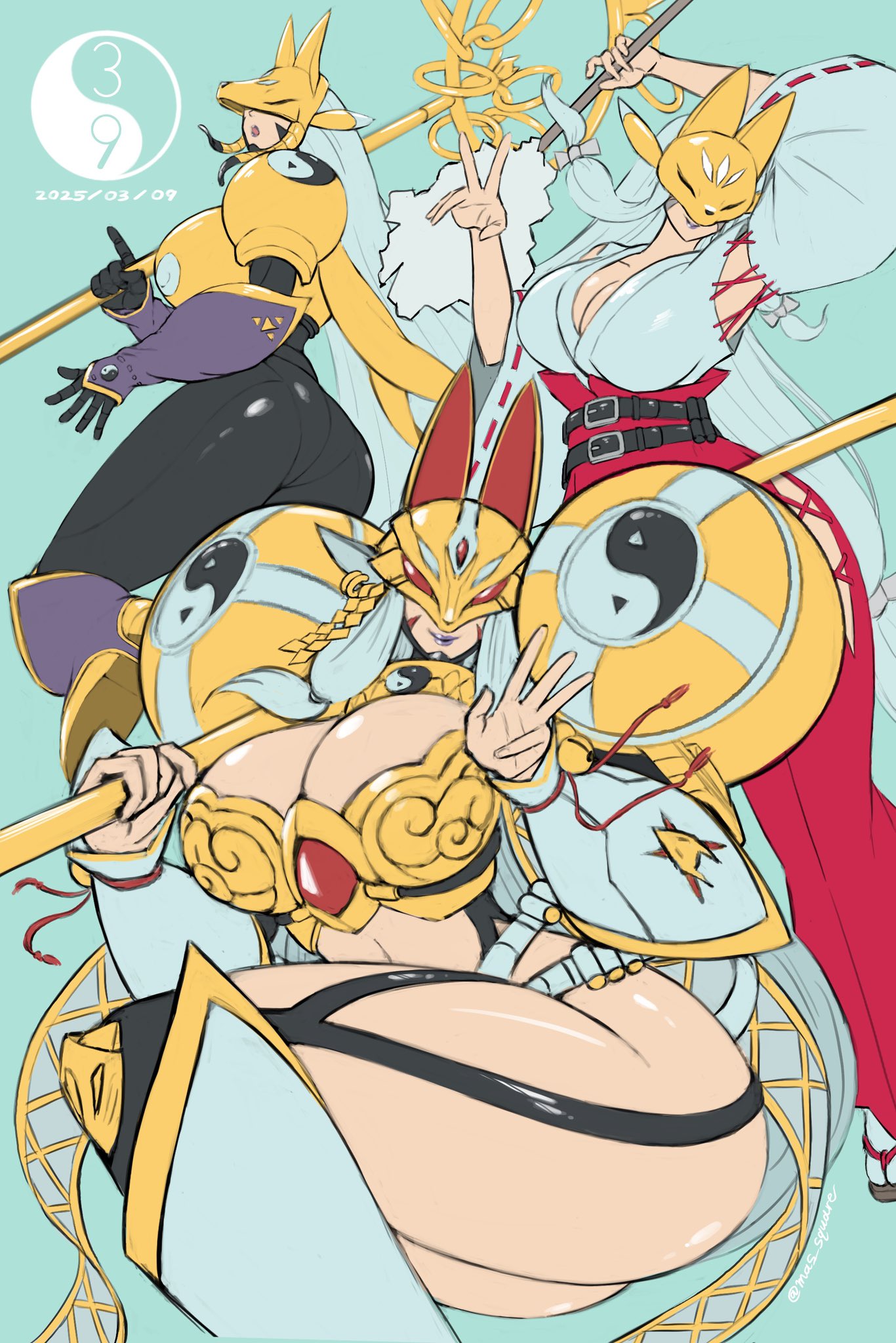 3girls animal_ears armor armpit_cutout armpits arms_up ass belt bikini_armor black_belt black_bodysuit blue_background bodysuit breasts cleavage closed_mouth clothing_cutout commentary covered_eyes dated detached_sleeves digimon digimon_(creature) digital_hazard earrings facial_mark facing_viewer fox_ears fox_mask gloves gohei gold_armor gold_mask grey_hair hakama hakama_pants high_heels highres hip_vent holding holding_gohei holding_staff index_finger_raised japanese_clothes jewelry kimono large_breasts long_hair low-tied_long_hair makeup mas_square mask miko multiple_earrings multiple_girls multiple_persona open_mouth pants parted_lips purple_lips purple_sleeves red_hakama sakuyamon sakuyamon:_miko_mode sakuyamon_x-antibody shoes shoulder_armor simple_background smile staff standing standing_on_one_leg stirrup_legwear stomach toeless_legwear twitter_username v very_long_hair white_kimono white_sleeves wide_sleeves yellow_armor yellow_mask yellow_shoes yin_yang yin_yang_print