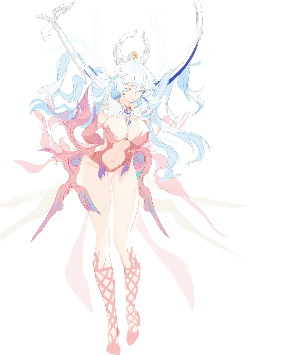 1girl artemis_(fate) artemis_(third_ascension)_(fate) breasts closed_eyes fate/grand_order fate_(series) full_body highres juer1004 large_breasts revealing_clothes simple_background thighs white_background white_hair