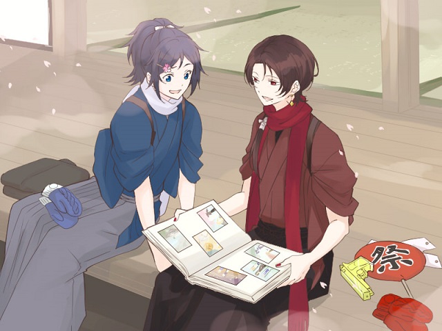 10s black_hair blue_eyes brown_hair earrings hair_ornament hairclip hakama hakama_skirt hand_fan japanese_clothes jewelry kashuu_kiyomitsu male_focus mittens mole mole_under_eye nail_polish open_mouth paper_fan petals photo_album ponytail red_eyes red_nails scarf sitting skirt slice_of_life smile touken_ranbu touken_ranbu:_hanamaru uchiwa water_gun yamato-no-kami_yasusada yamazaki_mitsuko