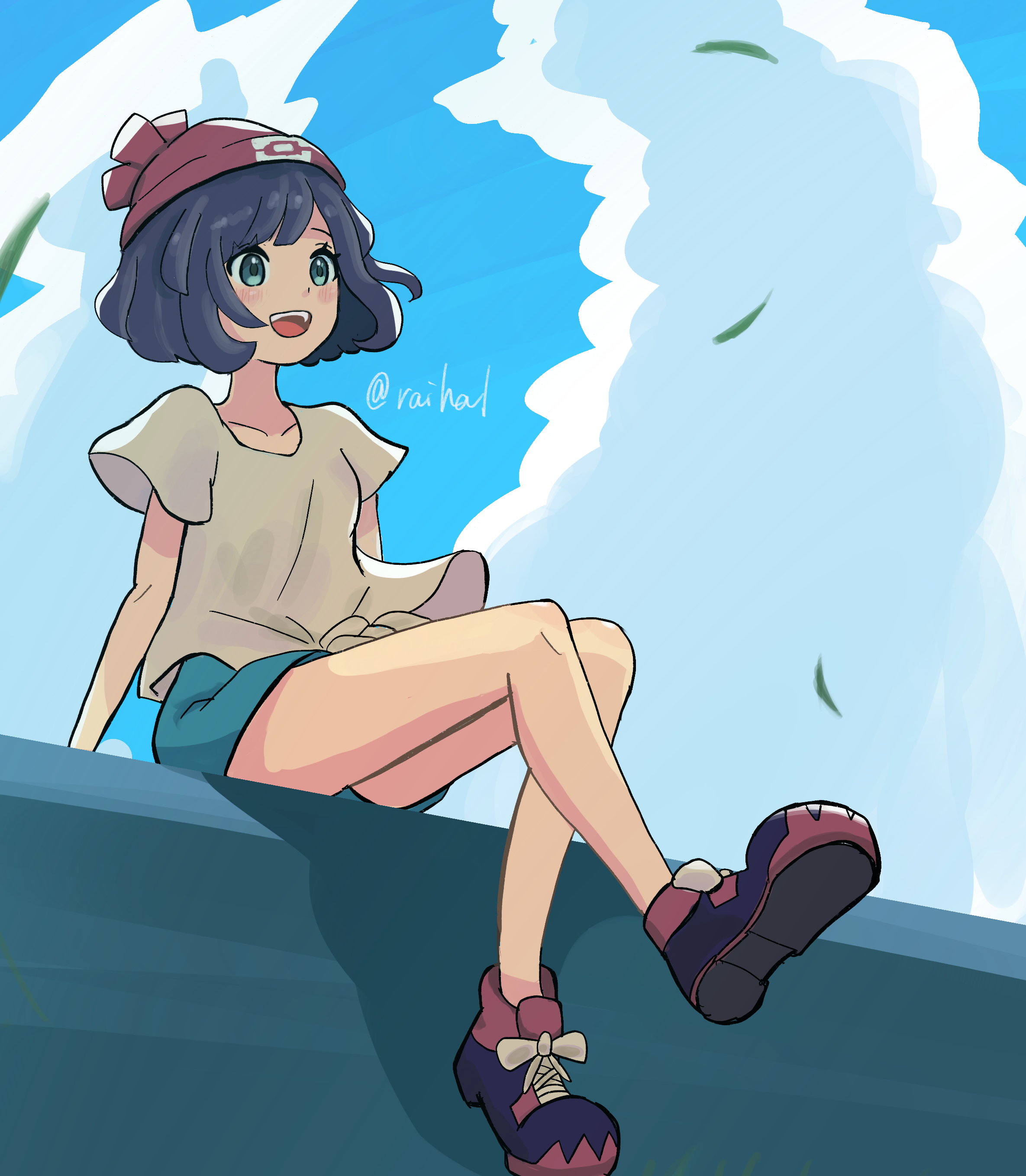 1girl absurdres bare_legs beanie black_hair cloud collarbone commentary_request day falling_leaves game_freak happy hat highres knees knees_together_feet_apart leaf nintendo open_mouth outdoors pokemon pokemon_sm raihal_il red_hat selene_(pokemon) shirt shoes short_hair short_sleeves sitting sky solo teeth tied_shirt twitter_username upper_teeth_only