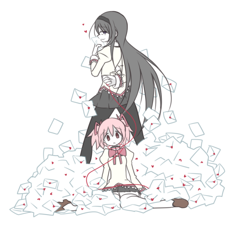 2girls akemi_homura arm_behind_back arm_support arms_at_sides back_bow beige_bow black_hair black_hairband black_pantyhose black_skirt bow breasts brown_footwear closed_mouth colored_skin contrapposto earrings evil_smile expressionless facing_viewer full_body hair_ribbon hairband hand_up heart holding holding_letter jewelry jitome juliet_sleeves kaname_madoka letter long_hair long_sleeves looking_at_viewer looking_back love_letter mahou_shoujo_madoka_magica mahou_shoujo_madoka_magica:_hangyaku_no_monogatari mitakihara_school_uniform multiple_girls neck_ribbon pantyhose parted_lips pink_hair pleated_skirt pokki_(sue_eus) profile puffy_sleeves purple_eyes red_ribbon ribbon school_uniform shoes simple_background single_earring sitting skirt small_breasts smile spread_legs string string_around_neck string_of_fate thighhighs too_many too_many_letters twintails wariza white_background white_skin white_thighhighs wide-eyed