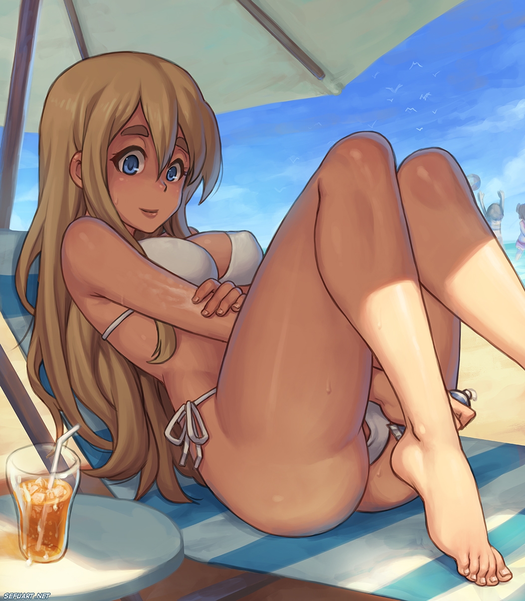 1girl ass barefoot beach bikini blonde_hair blue_eyes breasts cameltoe feet female_focus highres hip_focus k-on! kotobuki_tsumugi lotion pussy pussy_peek side-tie_bikini_bottom sitting solo speh sweat swimsuit thighs toes wide_hips