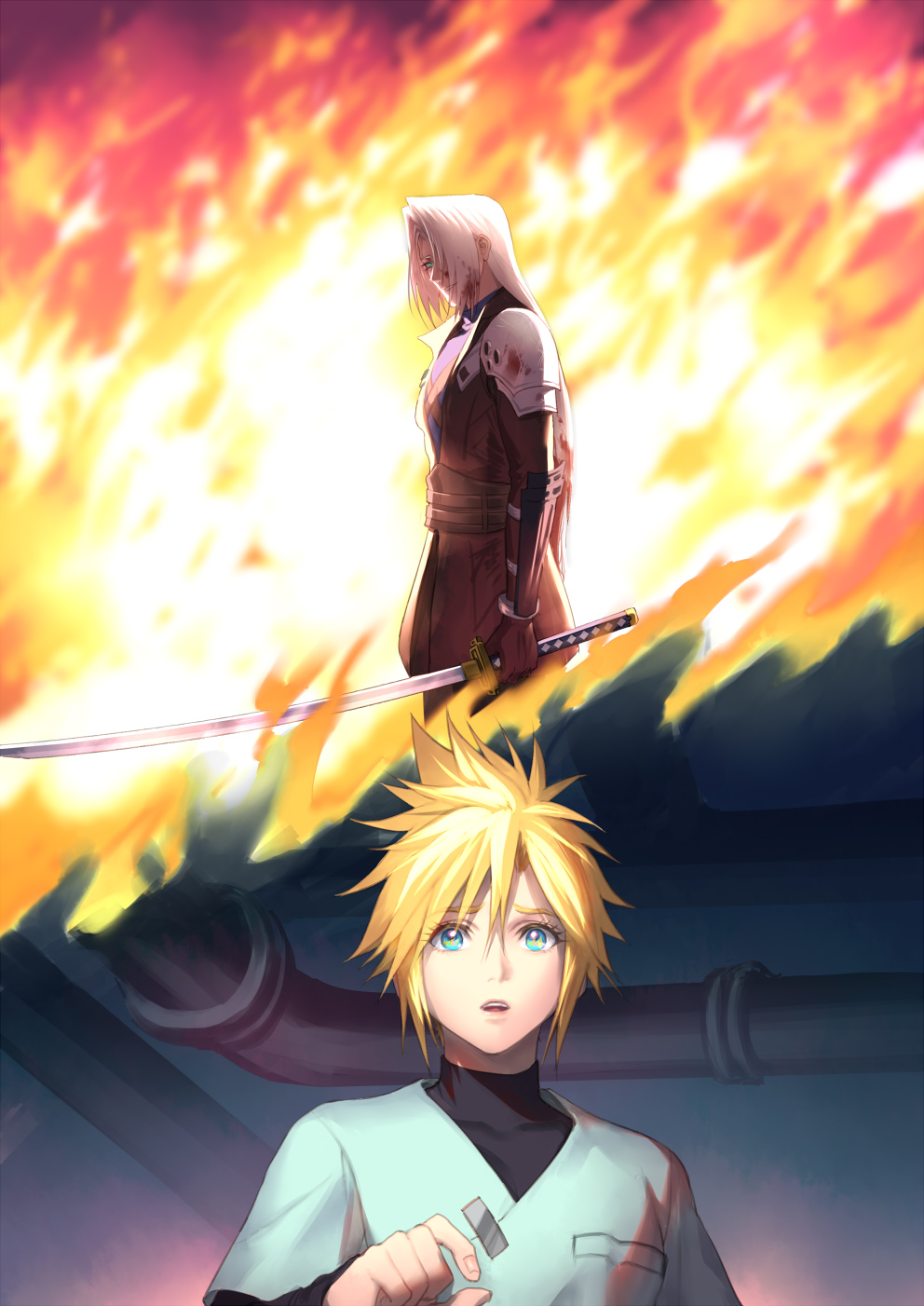 2boys aged_down alternate_costume aqua_eyes armor black_jacket black_shirt blonde_hair blood blood_in_hair blood_on_clothes blood_on_face cloud_strife eilinna final_fantasy final_fantasy_vii fire grey_hair hair_between_eyes hair_over_one_eye highres holding holding_sword holding_weapon industrial_pipe jacket long_bangs long_hair long_jacket long_sleeves male_focus masamune_(ff7) multiple_boys parted_bangs parted_lips sephiroth shirt short_hair shoulder_armor spiked_hair sword turtleneck weapon wide-eyed
