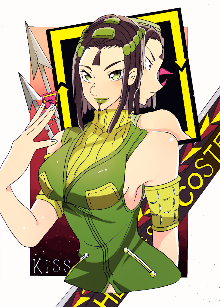 1girl breasts ermes_costello green_lips jojo_no_kimyou_na_bouken kiss_(stand) medium_breasts no90710108 smile stand_(jojo) stone_ocean