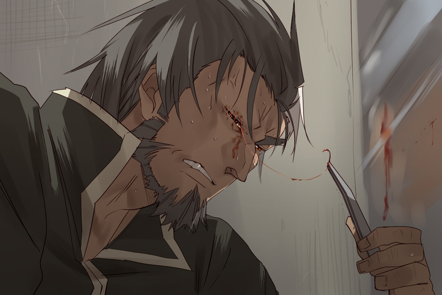 1boy black_hair black_tunic bleeding blood blood_on_face blood_on_mirror facial_hair facing_to_the_side goatee grimace gurast holding_tweezers indoors injury leaning_forward long_sideburns looking_at_mirror looking_to_the_side male_focus mature_male mirror original pain popped_collar red_eyes sideburns stitched_eye stitches surgery sweatdrop thread tunic tweezers
