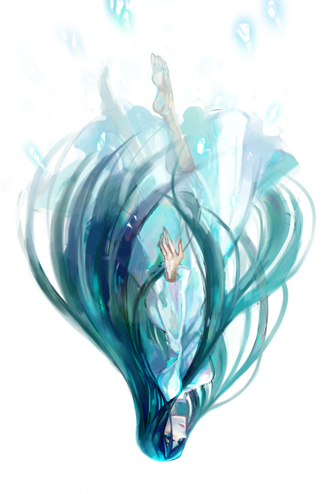 1girl barefoot blue_eyes blue_hair bonanza female_focus fujou_kirie ghost kara_no_kyoukai long_hair matching_hair/eyes solo upside-down very_long_hair
