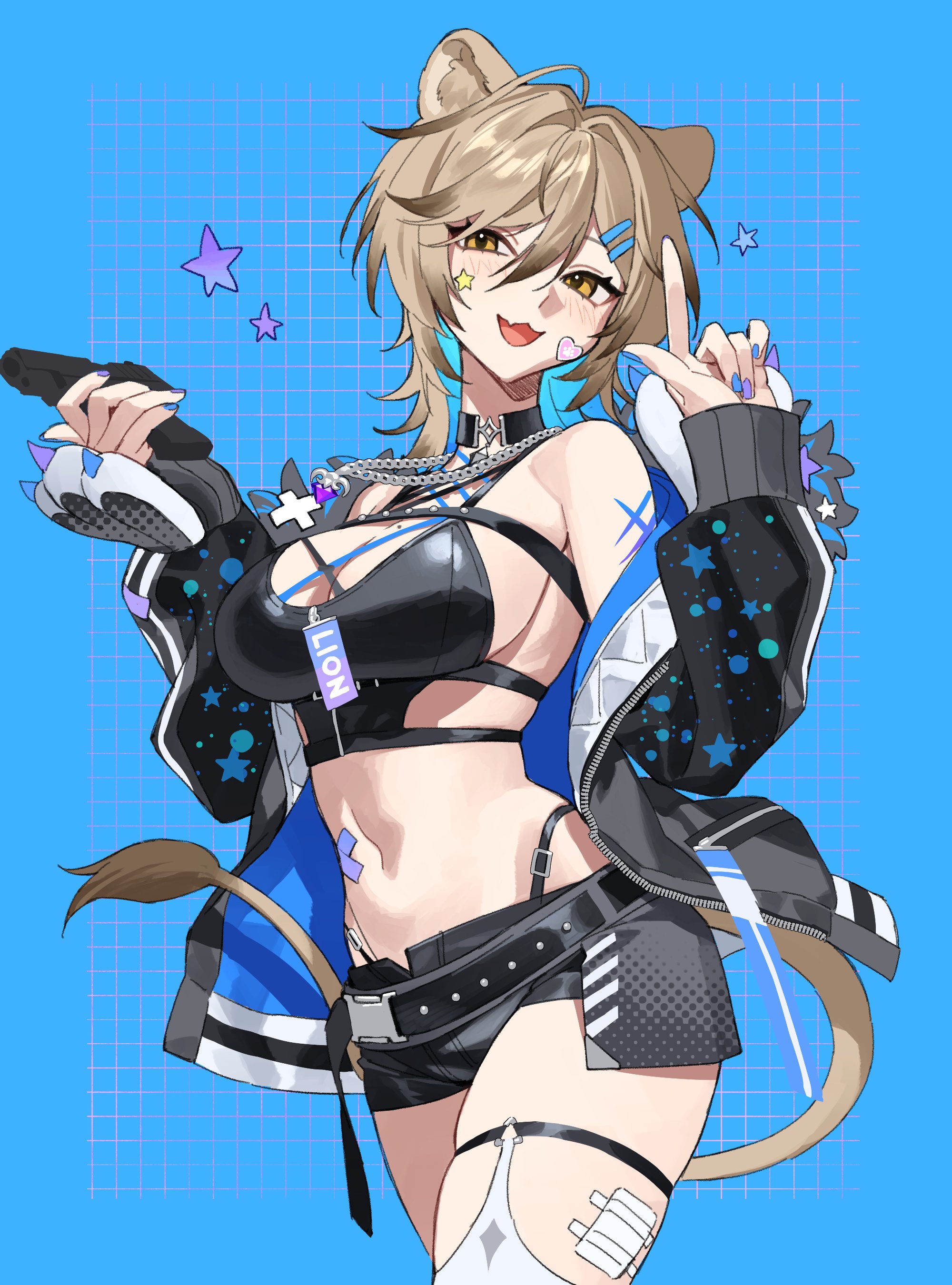 1girl :3 absurdres ahoge animal_ears bare_shoulders black_choker black_jacket black_shirt black_shorts blonde_hair breasts brown_eyes choker cleavage colored_inner_hair cowboy_shot crop_top gun handgun hands_up hazumi_aileen highleg highres holding holding_gun holding_weapon indie_virtual_youtuber jacket jewelry large_breasts lion_ears lion_girl lion_tail long_sleeves looking_at_viewer medium_hair midriff mole mole_on_breast multicolored_hair nail_polish navel necklace off_shoulder open_clothes open_jacket open_mouth panty_straps second-party_source shirt short_shorts shorts sideless_shirt skindentation sleeveless sleeveless_shirt smile solo standing stomach tail temu_(tem27) thigh_strap thighs virtual_youtuber weapon