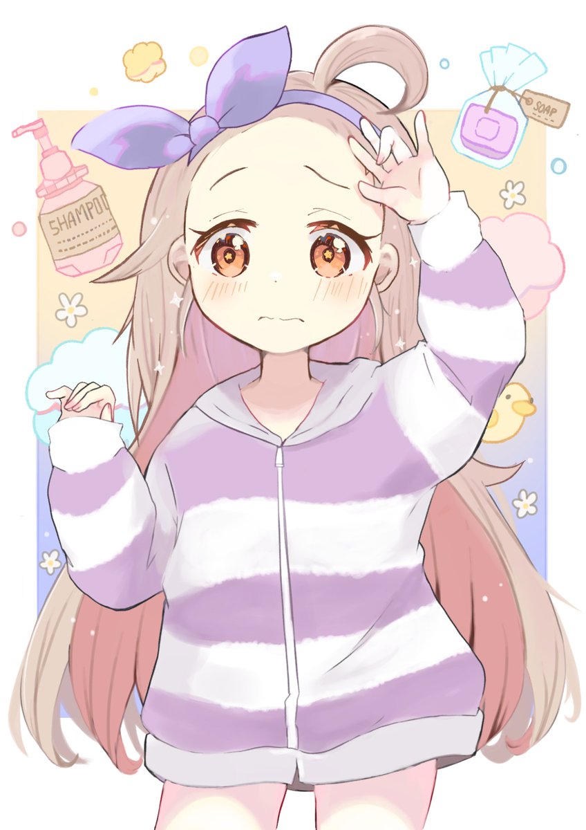 1girl arm_up bar_soap brown_eyes colored_inner_hair commentary_request cowboy_shot dot_nose frown hairband highres hood hood_down hoodie light_blush light_brown_hair long_hair long_sleeves multicolored_hair no_pants onii-chan_wa_oshimai! oyama_mahiro pink_hair purple_hairband shampoo_bottle solo star_(symbol) star_in_eye striped_clothes striped_hoodie symbol_in_eye two-tone_hair very_long_hair wavy_mouth yakan_ghost