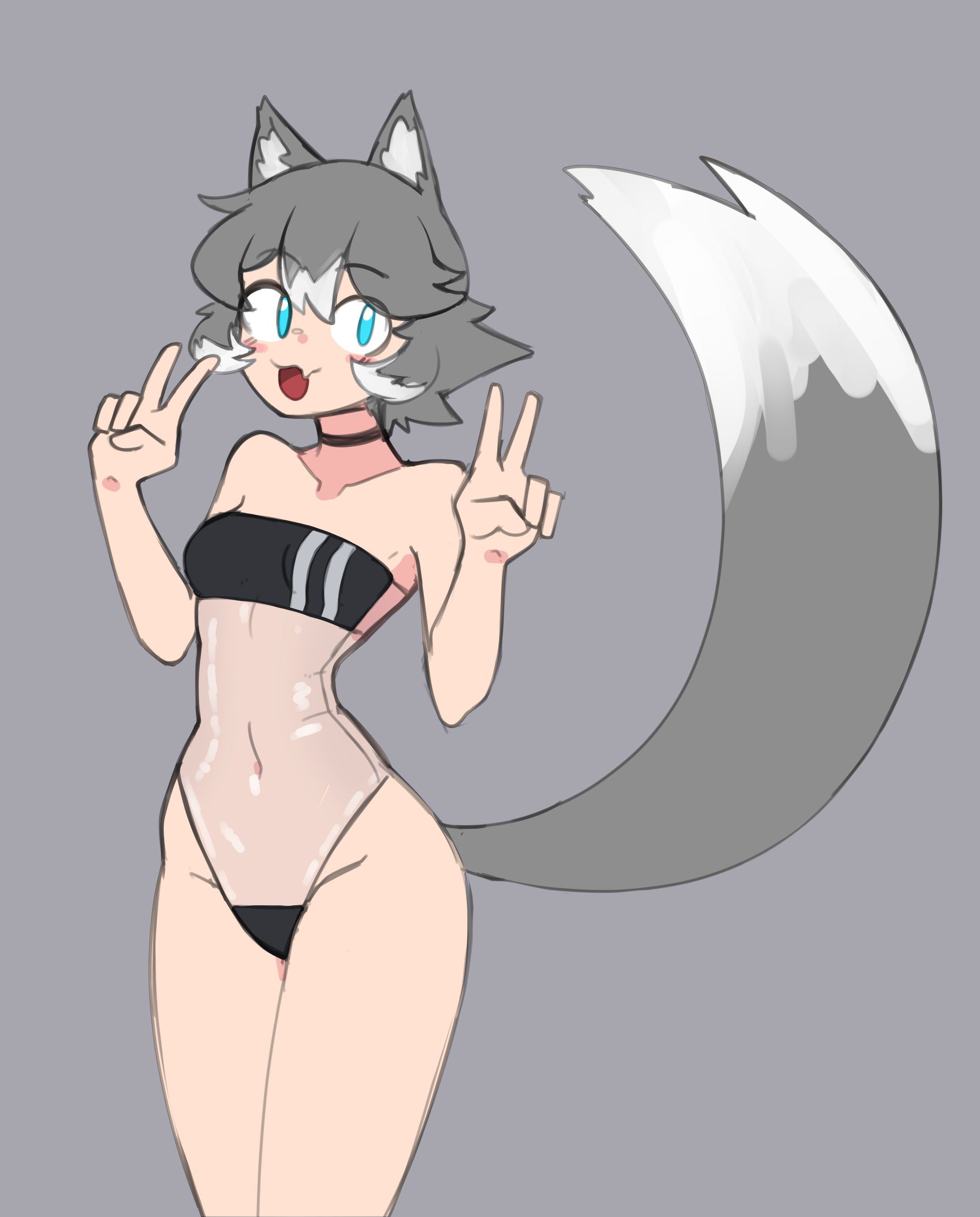 1girl :3 absurdres animal_ears blue_eyes blush_stickers cat_ears cat_girl cat_tail collarbone cowboy_shot doce double_v fang female_focus grey_background grey_hair gris_swimsuit highres looking_at_viewer meme_attire nana_(docecaedrus) navel one-piece_swimsuit open_mouth original see-through_clothes see-through_one-piece_swimsuit short_hair simple_background skin_fang swimsuit tail v