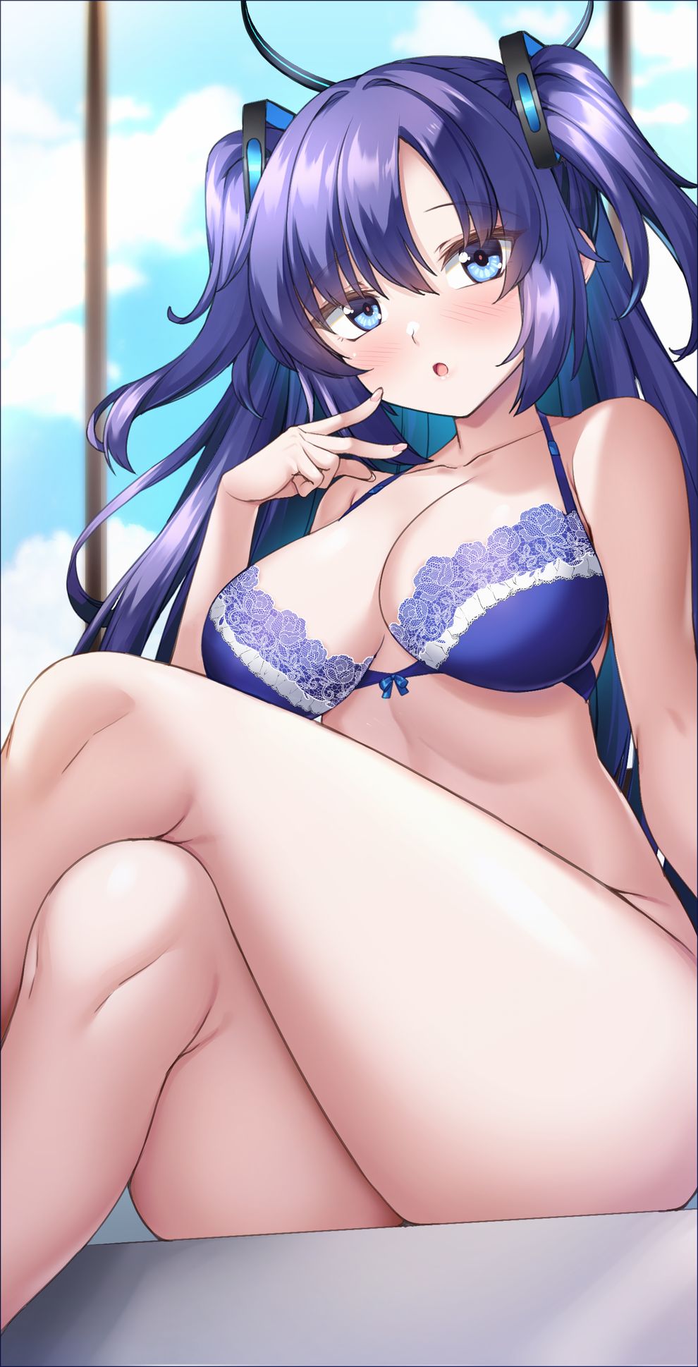 1girl blue_archive blue_bra blue_eyes blush bow bow_bra bra breasts crossed_legs halo highres lace lace-trimmed_bra lace_trim long_hair looking_at_viewer mechanical_halo medium_breasts open_mouth purple_eyes purple_hair shirokuma_a sitting solo thighs two_side_up underwear underwear_only yuuka_(blue_archive)