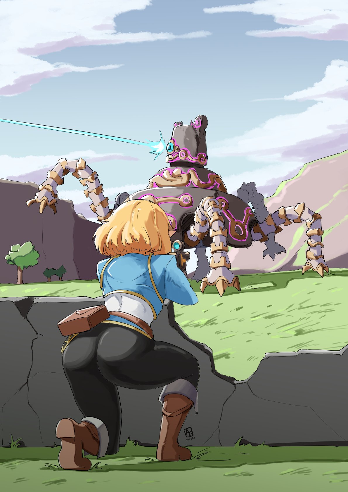 1girl ass automatic_giraffe blonde_hair boots breasts brown_footwear commentary english_commentary from_behind goddess_of_victory:_nikke guardian_(zelda) gun highres mecha medium_breasts nintendo on_one_knee outdoors pants pointy_ears princess_zelda rifle robot shirt sniper_rifle the_legend_of_zelda the_legend_of_zelda:_breath_of_the_wild the_legend_of_zelda:_tears_of_the_kingdom tree weapon
