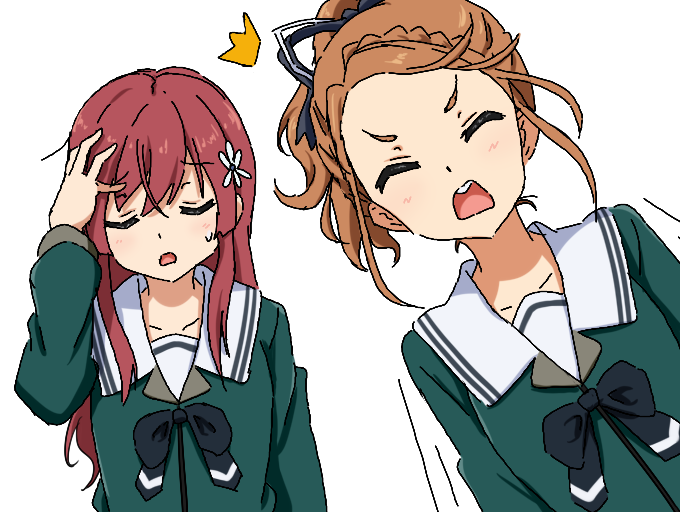 22/7 2girls ^^^ black_bow black_bowtie black_ribbon bow bowtie braid brown_hair closed_eyes collarbone crossed_bangs flower green_shirt hair_flower hair_ornament hair_ribbon hand_on_own_head high_ponytail igashiko kono_miyako long_hair long_sleeves motion_lines multiple_girls oekaki open_mouth ponytail red_hair ribbon rokubanchou_school_uniform sailor_collar sato_reika school_uniform serafuku shirt sidelocks simple_background single_braid sweatdrop teeth u_u upper_body upper_teeth_only white_background white_flower white_ribbon white_sailor_collar winter_uniform