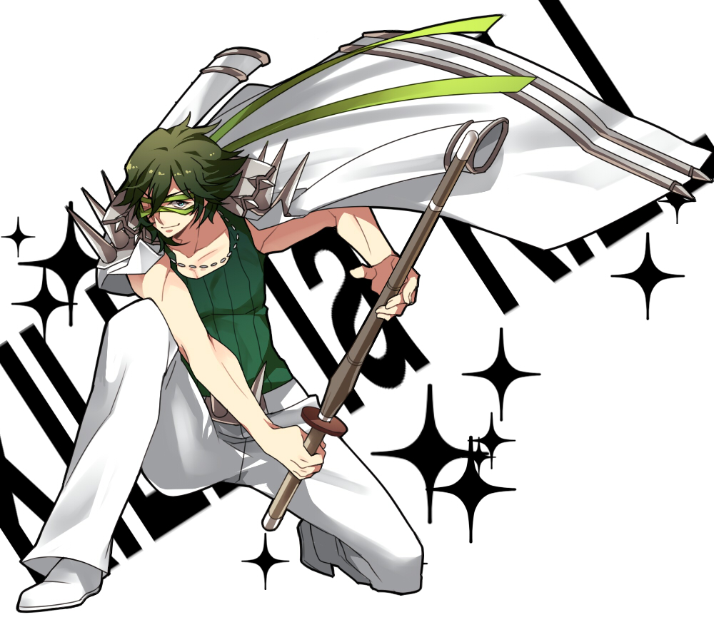 10s 1boy bad_id bad_pixiv_id green_hair jacket jacket_on_shoulders jewelry kill_la_kill kneeling male_focus mask mojya necklace on_one_knee sanageyama_uzu shinai solo sword weapon