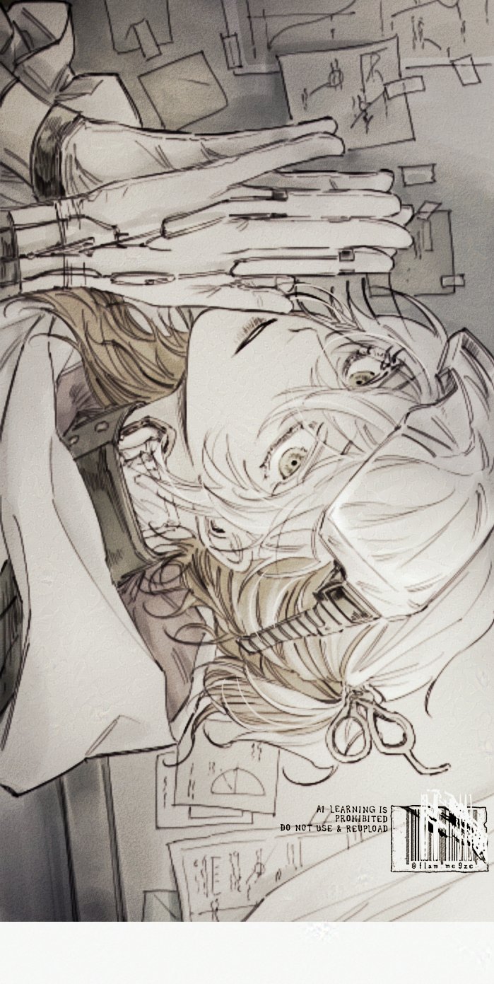 1other androgynous coat colored_tips gloves greyscale gyujik_qzc hands_up highres looking_at_viewer medicine_pocket medium_hair monochrome multicolored_hair own_hands_together paper portrait reverse:1999 sideways solo