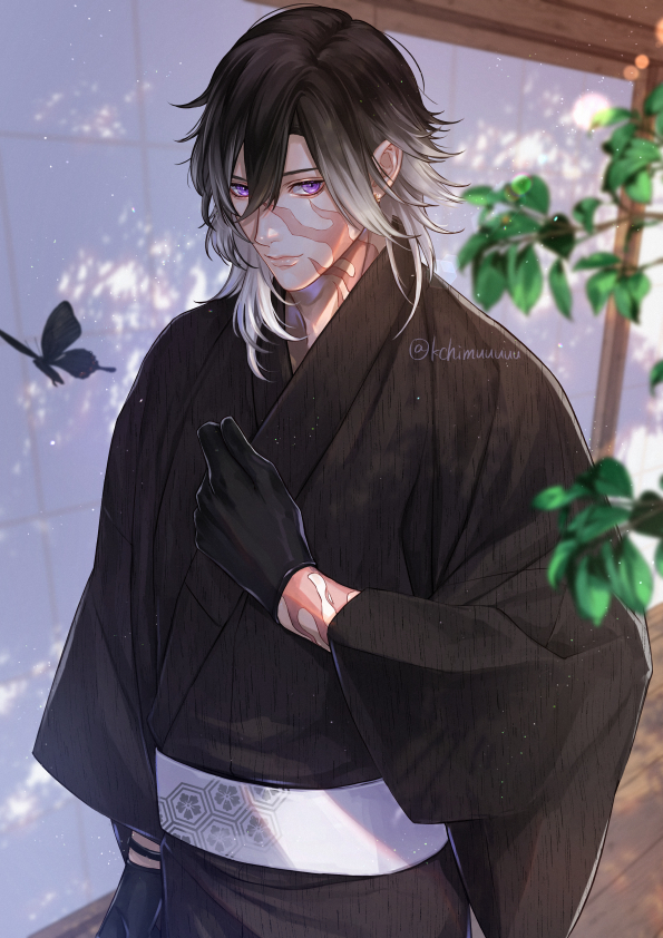 1boy alternate_costume architecture arm_at_side artist_name black_gloves black_hair black_kimono blurry blurry_foreground bug burn_scar butterfly closed_mouth commentary cowboy_shot east_asian_architecture facial_scar gloves gradient_hair hair_between_eyes hand_on_own_chest insect japanese_clothes jikkyuu_mitsutada kikkoumon kimono light_particles long_sleeves looking_at_viewer male_focus medium_hair multicolored_hair obi outdoors purple_eyes sash scar scar_on_arm scar_on_cheek scar_on_face scar_on_neck shouji sliding_doors smile solo standing touken_ranbu twitter_username two-tone_hair white_hair white_sash wide_sleeves yuta_(kchimuuuuu)