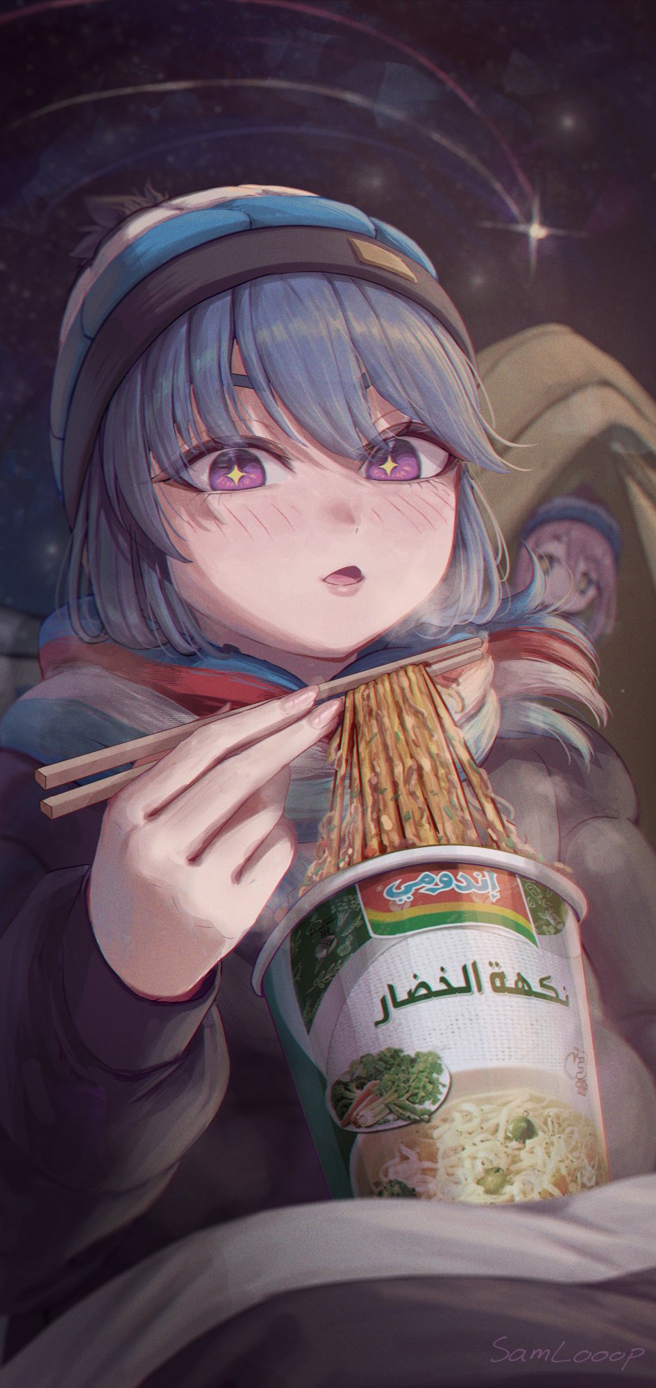 +_+ arabic_text blue_hair camping food hair_bun highres indomie_(brand) kagamihara_nadeshiko noodles pink_hair purple_eyes samlooop scarf shima_rin shooting_star single_hair_bun star_(sky) winter_clothes yurucamp
