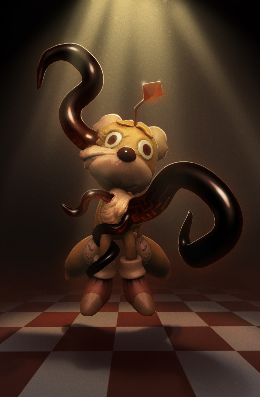 3d artist_name body_horror character_doll checkered_floor evan_stanley floating floating_object gem highres horror_(theme) indoors light_rays no_humans red_gemstone signature sonic_(series) still_life tails_(sonic) tentacles zbrush_(medium)