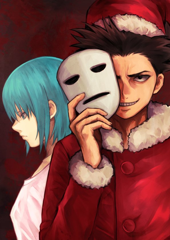 1boy 1girl aqua_hair black_hair breasts closed_mouth dress fur_trim hat linda_(linda_cube) linda_cube looking_at_viewer neku_(linda_cube) santa_costume santa_hat short_hair simple_background sink small_breasts smile spiked_hair usui_natrium