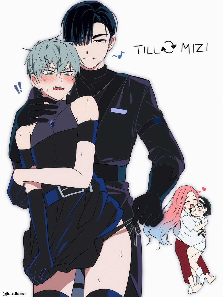 ! !! 2boys 2girls alien_stage artist_name asymmetrical_gloves black_coat black_dress black_eyes black_gloves black_hair black_shirt black_thighhighs blue_hair blush boots character_name closed_eyes closed_mouth clothing_cutout coat commentary cosplay costume_switch crossdressing dress eighth_note elbow_gloves english_commentary fang fang_out gloves gradient_hair green_eyes hairband heart highres hug ivan_(alien_stage) long_hair lucidkana mizi_(alien_stage) mizi_(alien_stage)_(cosplay) multicolored_hair multiple_boys multiple_girls musical_note open_mouth panties pants panty_pull pink_hair red_pants red_pupils shirt short_hair shoulder_cutout single_elbow_glove sua_(alien_stage) sweat thighhighs till_(alien_stage) till_(alien_stage)_(cosplay) turtleneck turtleneck_shirt two-tone_hair underwear uneven_gloves very_long_hair very_short_hair white_boots white_hairband white_shirt