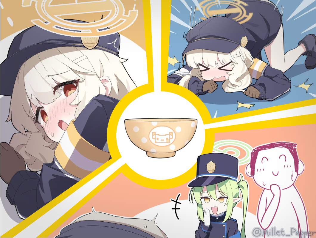 1boy 2girls aoba_(blue_archive) armband blonde_hair blue_archive blue_hat blue_jacket blush bowl doodle_sensei_(blue_archive) green_hair halo hat jacket laughing millet_pepper multiple_girls nozomi_(blue_archive) red_eyes sensei_(blue_archive) yellow_eyes