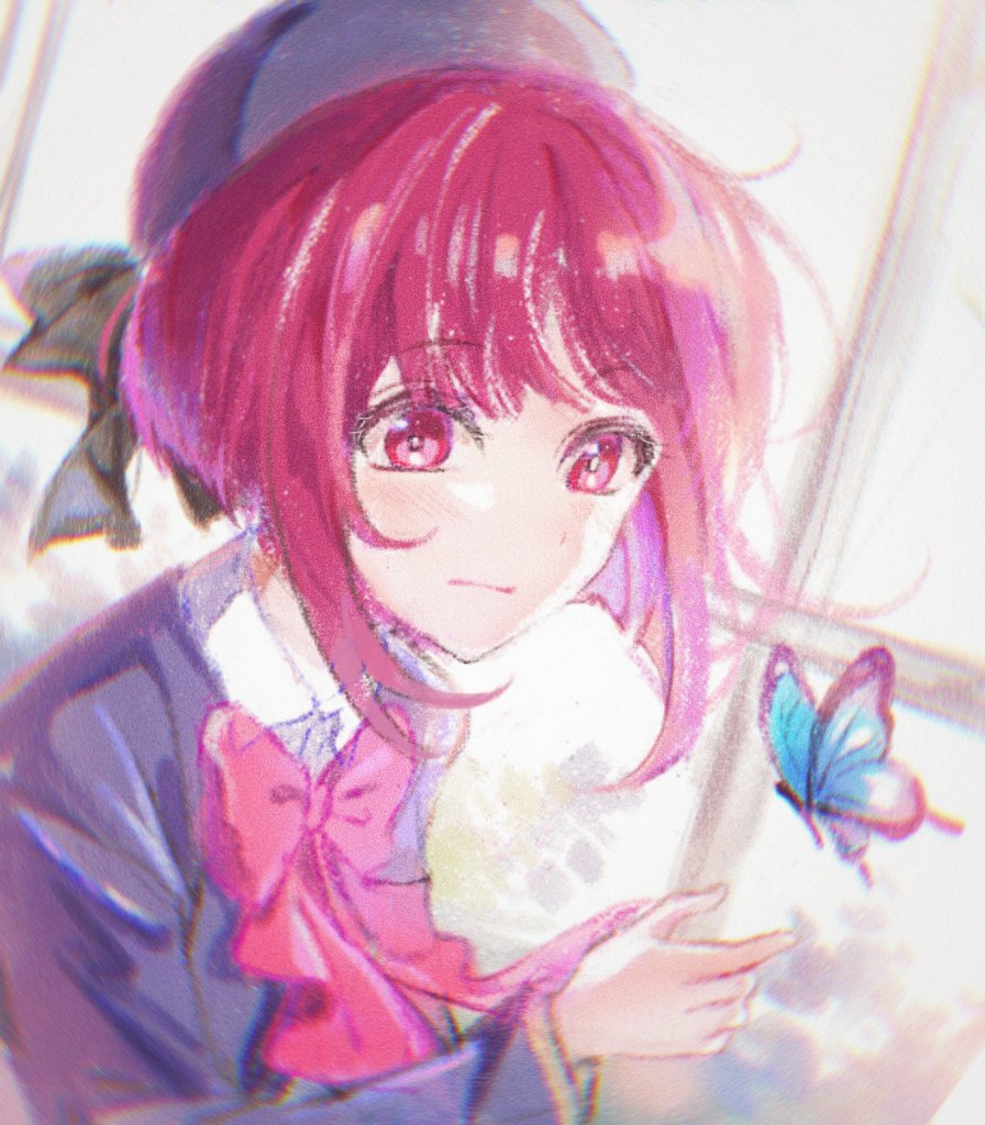 1girl arima_kana blue_headwear blue_jacket bob_cut bug butterfly closed_mouth hat hat_ribbon insect inverted_bob jacket oshi_no_ko pink_ribbon red_eyes red_hair ribbon school_uniform short_hair window yamabukiyuki youtou_high_school_uniform