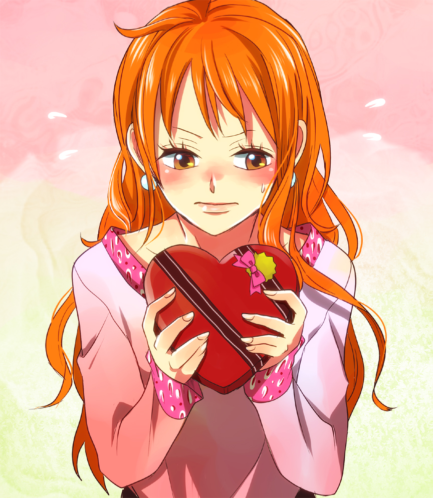 1girl blush brown_eyes earrings female_focus gift heart himerinco holding holding_gift jewelry lips long_hair nami_(one_piece) one_piece orange_hair solo sweat sweatdrop valentine