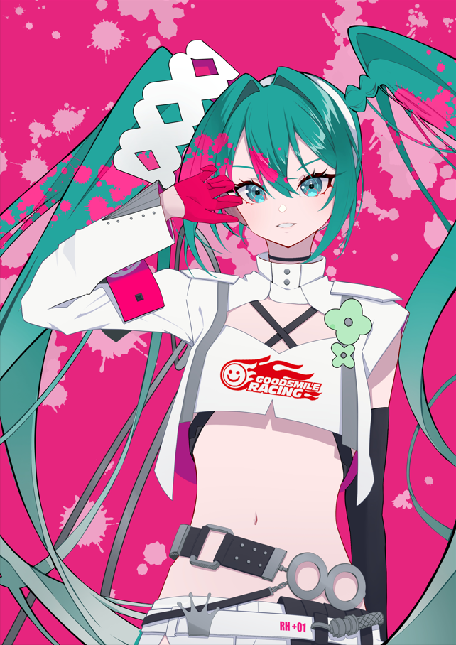 1girl arm_warmers asymmetrical_sleeves chest_strap crop_top double-parted_bangs gloves goodsmile_racing green_eyes green_hair hair_between_eyes hair_intakes hairband half_gloves hatsune_miku ji-rex midriff navel paint_splatter pink_background racing_miku racing_miku_(2025) solo upper_body vocaloid