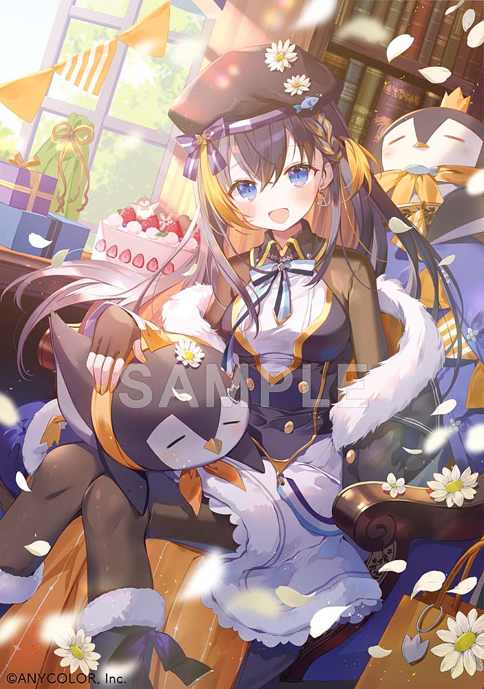 1girl black_boots black_gloves black_hair black_hat black_pantyhose blonde_hair blue_eyes boots coat falling_petals fingerless_gloves floating_hair flower gloves hair_between_eyes hat ibara_riato long_hair long_sleeves looking_at_viewer multicolored_hair nijisanji nijisanji_en official_alternate_costume official_alternate_hairstyle official_art open_clothes open_coat open_mouth pantyhose petals petra_gurin petra_gurin_(2nd_costume) sitting smile solo two-tone_hair virtual_youtuber white_flower
