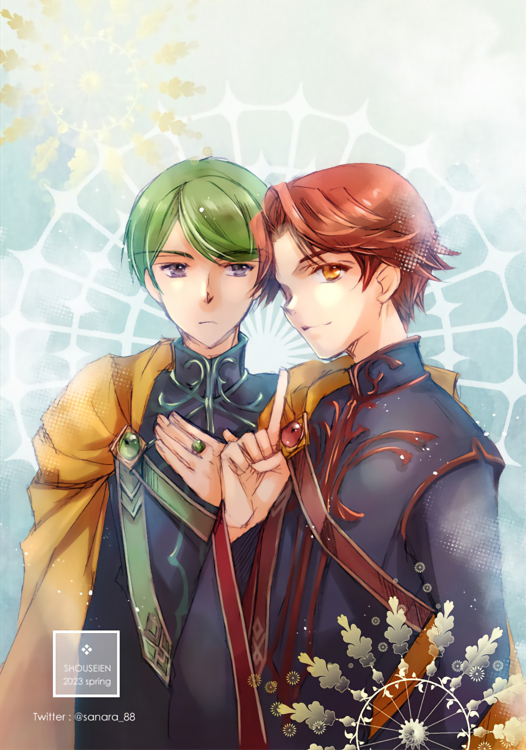 2boys artist_name black_shirt cornelius_(honzuki_no_gekokujou) green_hair hand_up hartmut_(honzuki_no_gekokujou) honzuki_no_gekokujou jewelry male_focus multiple_boys purple_eyes red_eyes red_hair ring sekura shirt short_hair upper_body