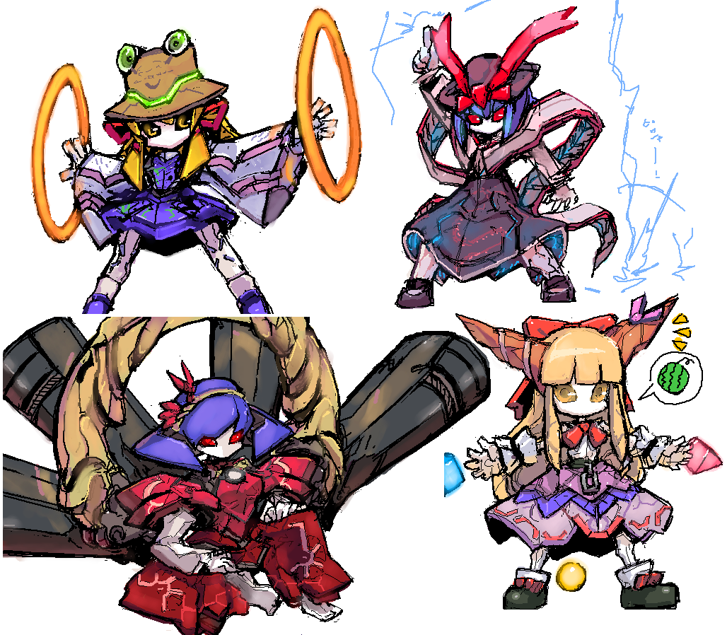 4girls chain crossover electricity food fruit glowing glowing_lines horns ibuki_suika kusanagi_kaoru mechanical_dress mechanical_hair mechanical_skirt mechanization medarot metal_hair moriya_suwako multiple_girls nagae_iku no_mouth onbashira orange_eyes red_eyes robot_girl rope shimenawa sitting touhou watermelon yasaka_kanako