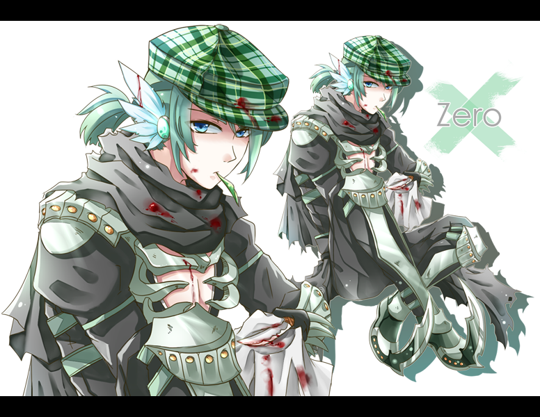 1boy armor armored_boots assassin_cross_(ragnarok_online) black_cape black_pants black_shirt blood blood_on_face blue_eyes boots cape closed_mouth commentary commission english_commentary expressionless flat_cap full_body green_hair green_hat hat himitsu_(dark_nao) letterboxed looking_at_viewer male_focus pants pauldrons plaid_hat ponytail ragnarok_online shirt short_ponytail shoulder_armor torn_cape torn_clothes waist_cape white_background