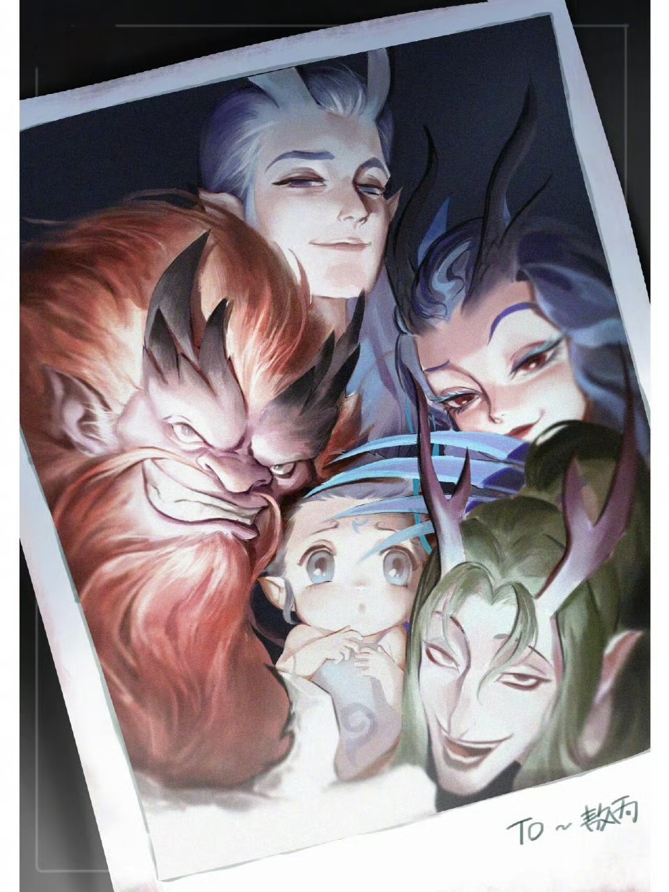 1girl 4boys ao_bing_(nezha_zhi_motong_jiangshi) ao_guang_(nezha_zhi_motong_jiangshi) ao_qin_(nezha_zhi_motong_jiangshi) ao_run_(nezha_zhi_motong_jiangshi) ao_shun_(nezha_zhi_motong_jiangshi) aunt_and_nephew blue_eyes blue_hair brother_and_sister brothers doukyuusei94325 dragon_girl dragon_horns family father_and_son green_hair highres horns long_hair multiple_boys nezha_zhi_motong_jiangshi pointy_ears polaroid_photo red_hair siblings uncle_and_nephew