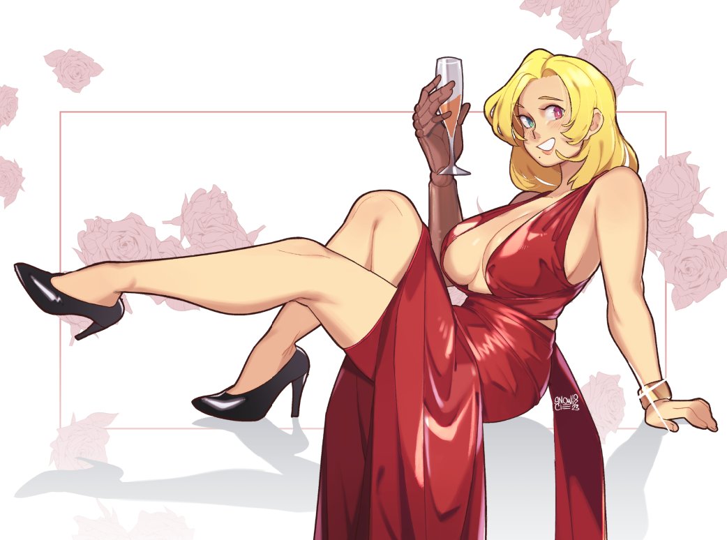 1girl artist_name black_footwear blonde_hair blue_eyes bracelet breasts cleavage commentary commission dress english_commentary flower from_side glint hair_behind_ear high_heels jewelry large_breasts looking_to_the_side medium_hair original pink_eyes prosthesis prosthetic_arm red_dress rose shadow sitting smile snowcie solo