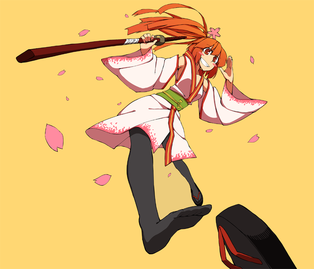 1girl bad_id bad_pixiv_id black_pantyhose blush blush_stickers brown_eyes brown_hair detached_sleeves feet female_focus grin japanese_clothes matching_hair/eyes orange_eyes orange_hair original pantyhose perspective petals ponytail shoe_loss shoes single_shoe smile solo sword unworn_shoes weapon wide_sleeves yaza yellow_background