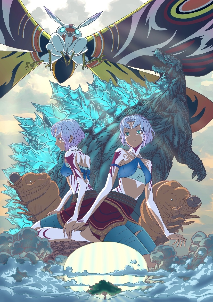 2girls bug butterfly giant giant_monster godzilla godzilla:_city_on_the_edge_of_battle godzilla:_planet_of_the_monsters godzilla:_the_planet_eater godzilla_(series) godzilla_earth grey_eyes heaven houtua incest insect kaiju maina miana monster mothra multiple_girls peroringa polygon_pictures short_hair siblings sun toho tree tribal twins