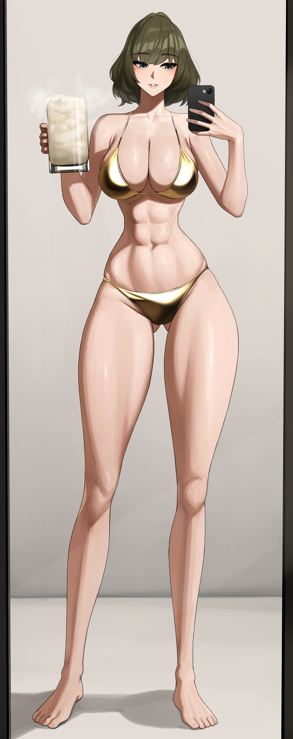 1girl abs bare_shoulders barefoot beer_mug bikini blue_eyes blush breasts cleavage collarbone cum cum_in_container cum_in_cup cup full_body gluteal_fold gold_bikini green_eyes grey_hair heterochromia highres holding holding_phone idolmaster idolmaster_cinderella_girls large_breasts mirror_selfie mole mole_under_eye mug navel open_mouth phone senju_(snz0) short_hair solo swimsuit takagaki_kaede thighs