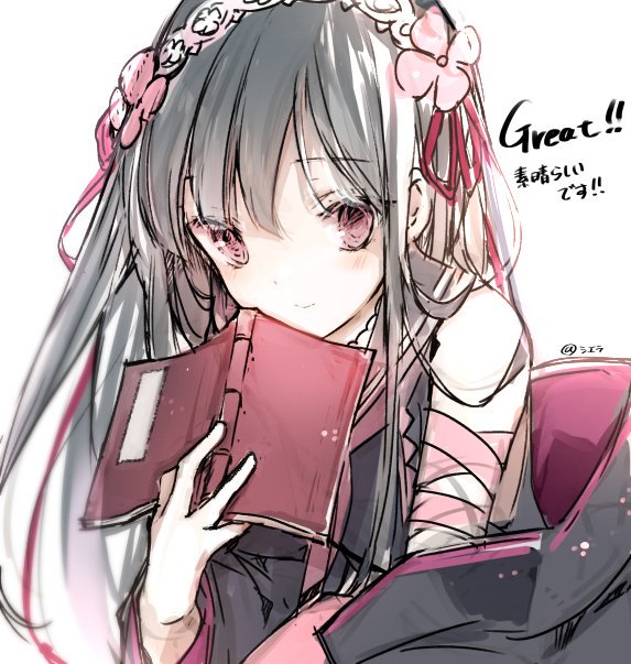 1girl artist_name bad_id bad_twitter_id belt black_dress black_hair book bow cierra_(ra-bit) closed_mouth commentary detached_sleeves dress english_text floating_hair hairband holding holding_book long_hair looking_at_viewer open_book pink_belt pink_bow pink_eyes pink_hairband sidelocks skirt sleeveless sleeveless_dress smile solo suishinshi_masahide_(tenka_hyakken) tenka_hyakken translated